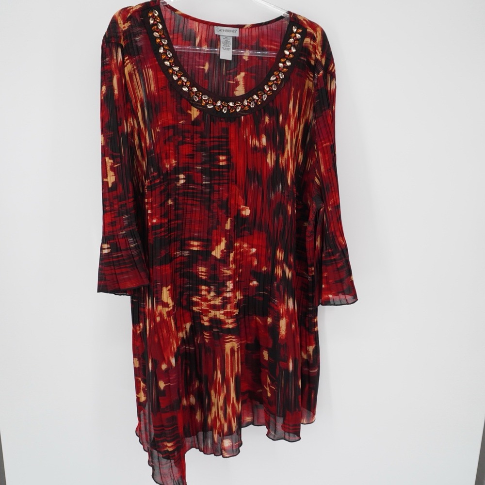 Catherines Embellished Artsy Tunic Top 3X‎ Bell Sleeves Office Multicolor